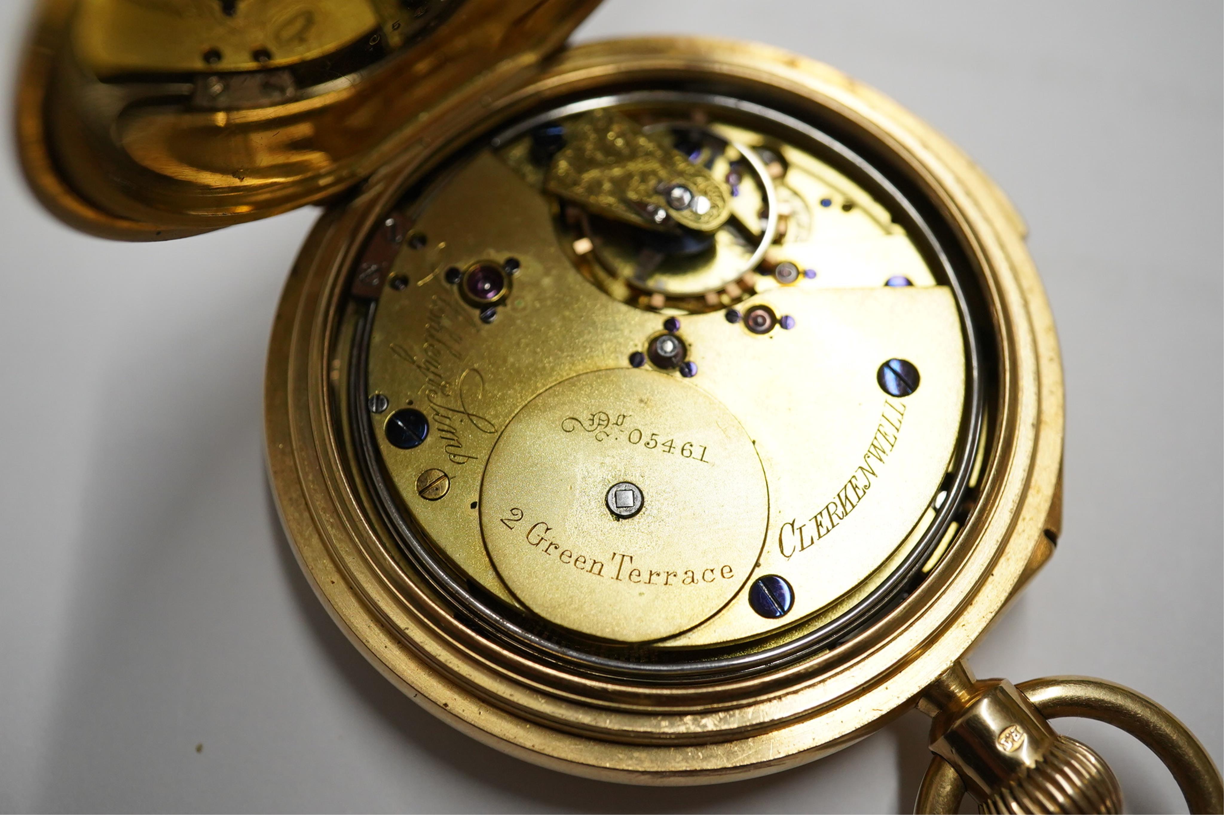 A George V 18ct gold hunter minute repeating lever pocket watch, by Ashley & Sims of Clerkenwell